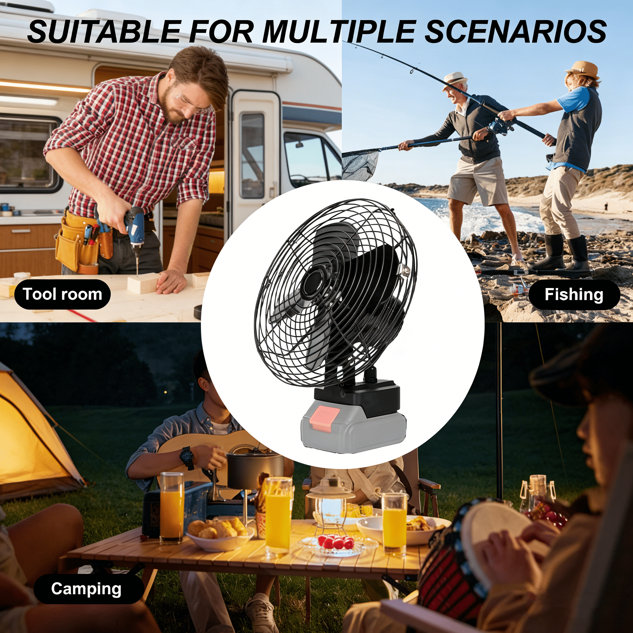 High Power Dual-Speed Camping Fan, Rechargeable Portable Fan for RV Camper Car Travel Hiking, Compatible with Makita ( Not Included)