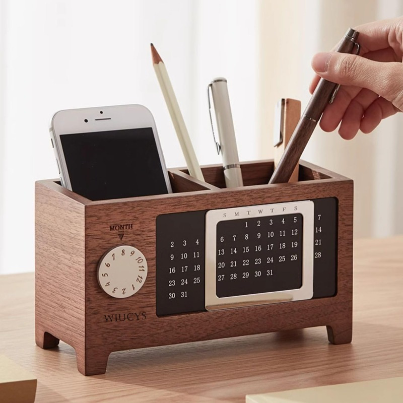 

Vintage Wood Desk Organizer With - Multi-compartment Pen & Pencil Holder, Remote Control Storage, Ideal For Office And Home Decor, Office Desk Accessories