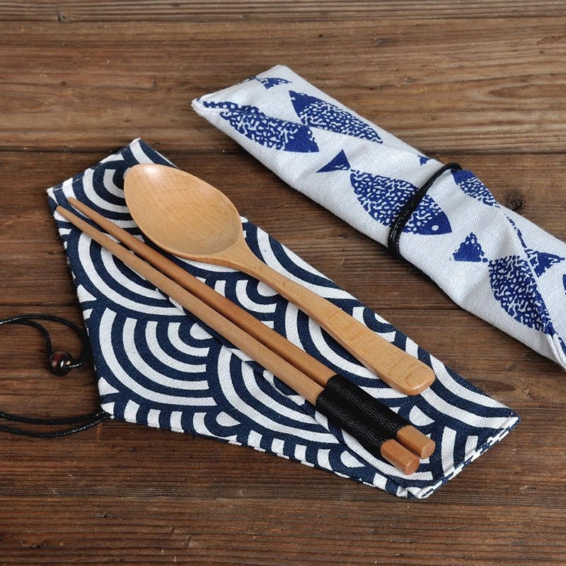 Image of 1/ 2/ 4pcs Japanese Vintage Print Tableware Bag Portable Chopstick Spoon Knife Forks Storage Bag Cutlery Pouch Random Color
