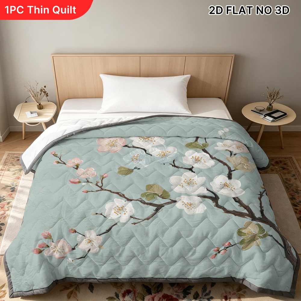TEMU (2d Flat) 1pc Cooling Summer Quilt Featuring Spring Cherry Branch Motif, Soft, Light, And Breathable, Luxurious , Ideal For Bedroom, Student