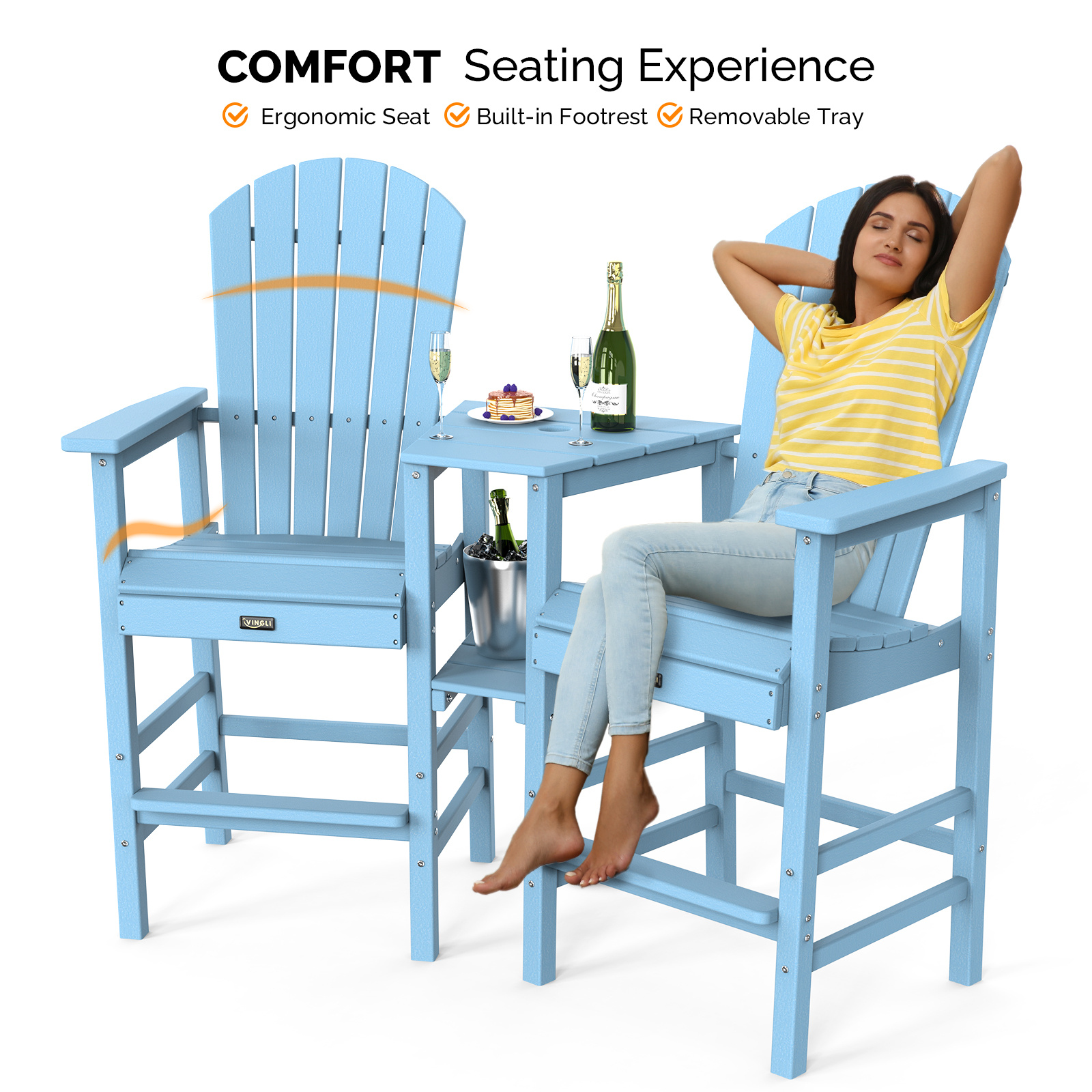 2pcs High-legged Adirondack Chair Set, All-weather High-density Polyethylene (HDPE) Bar Stool, Outdoor Chair with Double Tray and Parasol Opening, Suitable for Balconies, Poolside, Backyards, and Patios.
