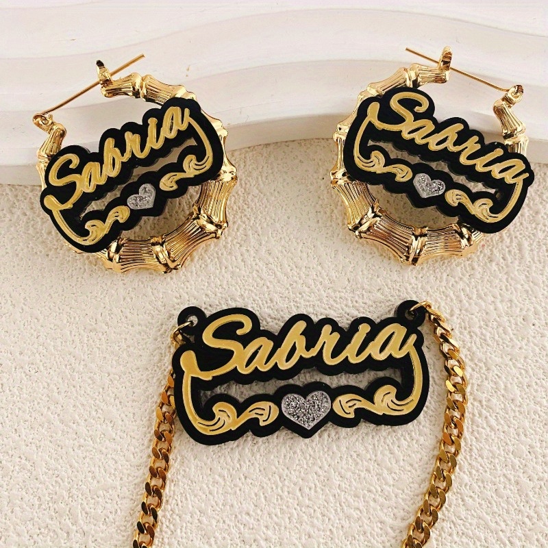TEMU Personalized Acrylic Name Necklace And Earrings Set Featuring A Sparkling Stylish Black And Mirror Golden. An Ideal Gift For Your For