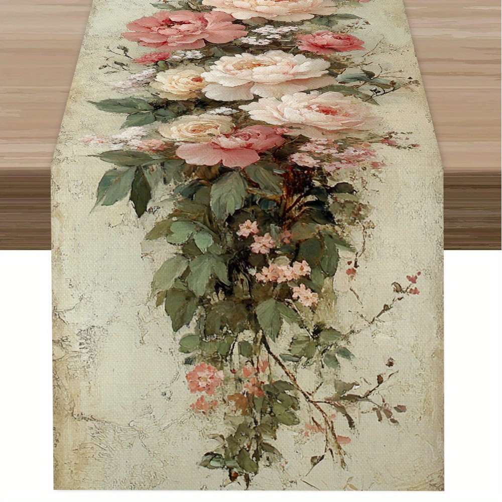 TEMU 1pc, Chemin de table roses, Chemin de table élégant français toutes saisons, vintage, Nappe chemin de table en polyester, Longue impression de