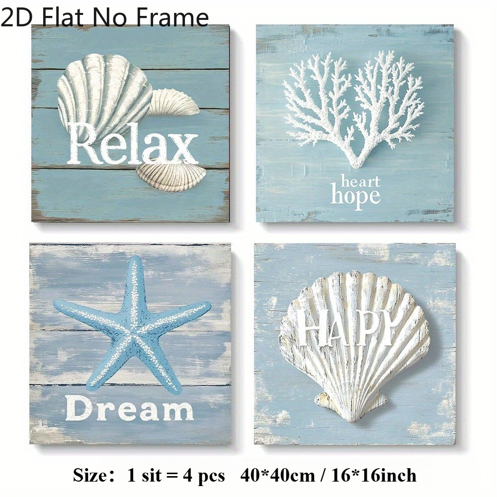 TEMU 2d Flat, 2d Flat, 4pcs Frameless 2dflat Seashells, Shells, Starfish And Art Decor Canvas Paintings, Vintage Style Wall Art Decoration, Suitable