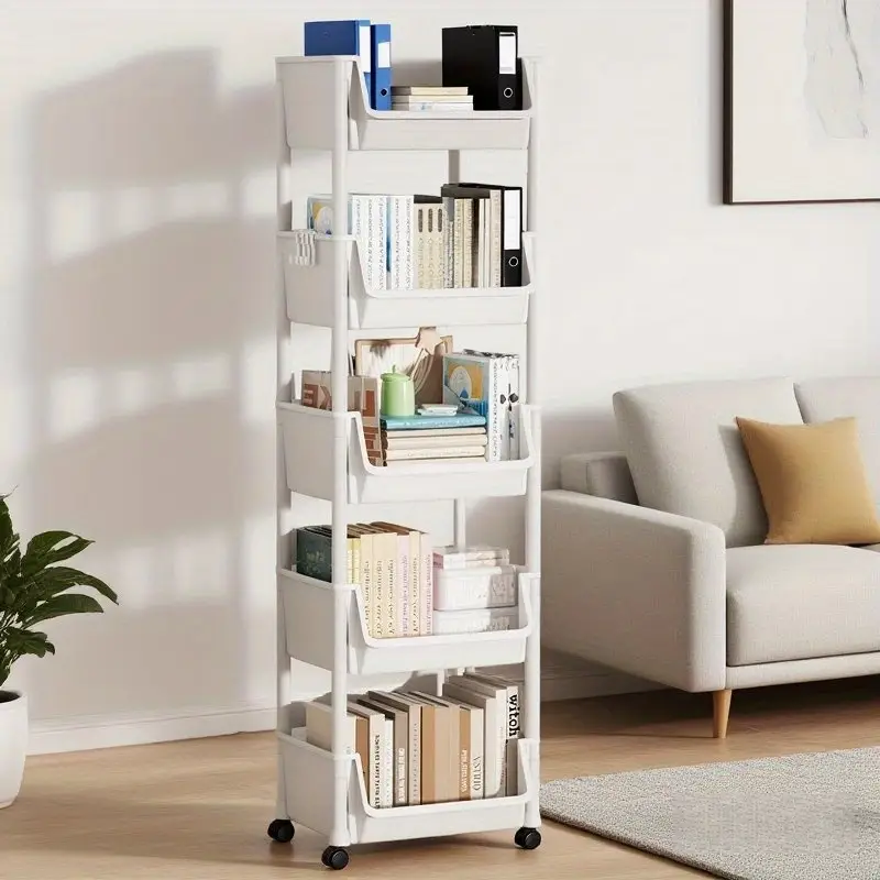 five layer bookshelf rack 12 month use movable table trolley floor standing desk organizer for books supplies storage with pen holder and file shelf Product details 4