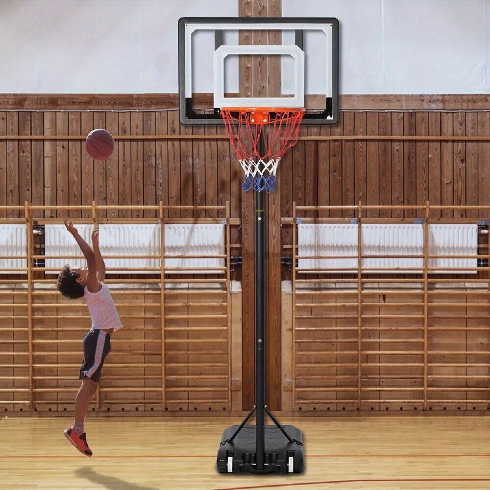 LUCKYERMORE Adjustable Portable Basketball Hoop for Family - 5ft-6.8ft Height, 32in Backboard, Heavy-Duty Steel & PVC, Water/Sand Stable Base with Wheels, Indoor/Outdoor Use, Black, Indoor Sports Equipment, Weatherresistant Net, Durable Sports Equipment