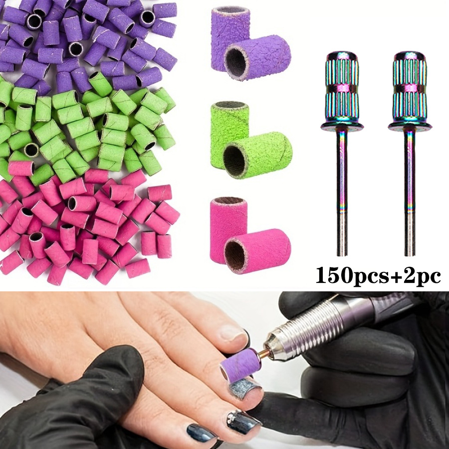 E-shop 150-teiliges Nagelkunst-Schleifbands-Set mit 2 Aufnahmehaltern, bunte Nagelfräser für Nagellackentfernung & Formgebung, 80# grob, 150# mittel,