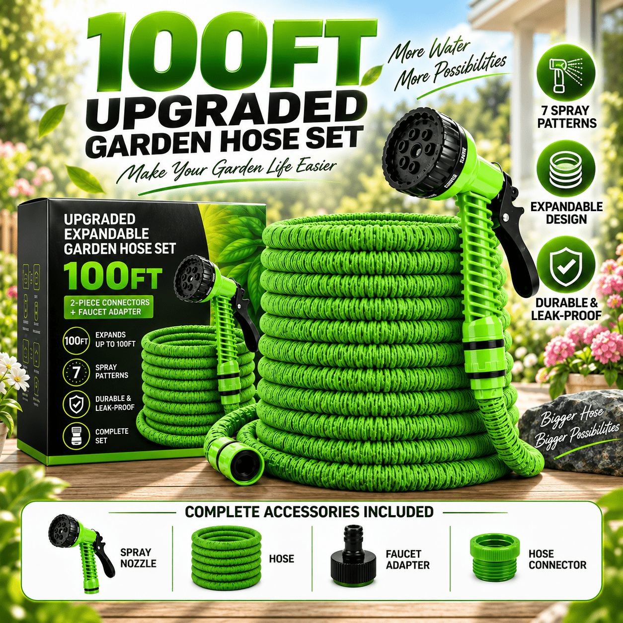 TEMU 100ft Expandable Fabric Braided Garden Hose, Reinforced Thick Inner Tube, Rust & Puncture Resistant For Yard, Car And Boat Cleaning, 50ft & 25ft