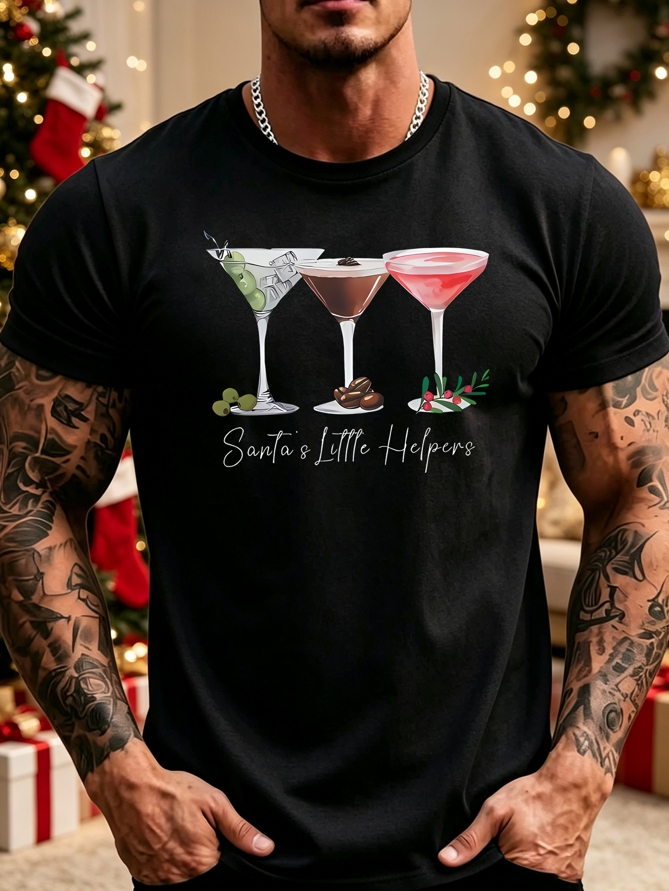 item picture mens summer crew neck t shirt christmas three cocktails holly decoration     fun   text print holiday casual short sleeve tee