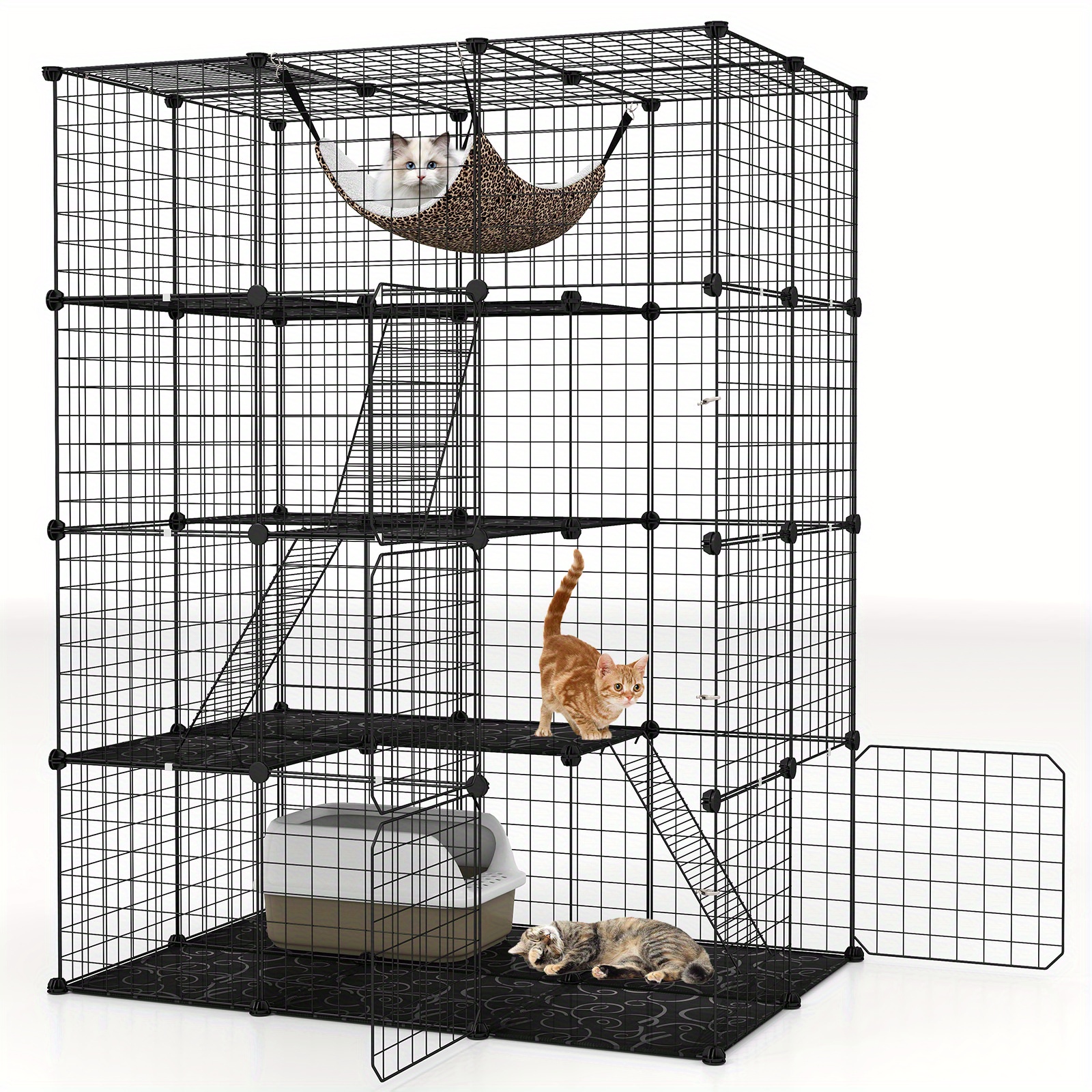 TEMU Ergomaster 4-tier Large Cat Cage With Comfy Hammock – Black Metal Enclosure For Cats, & Small Pets, Includes Cozy , Play Tiers & Feeding Bowls,