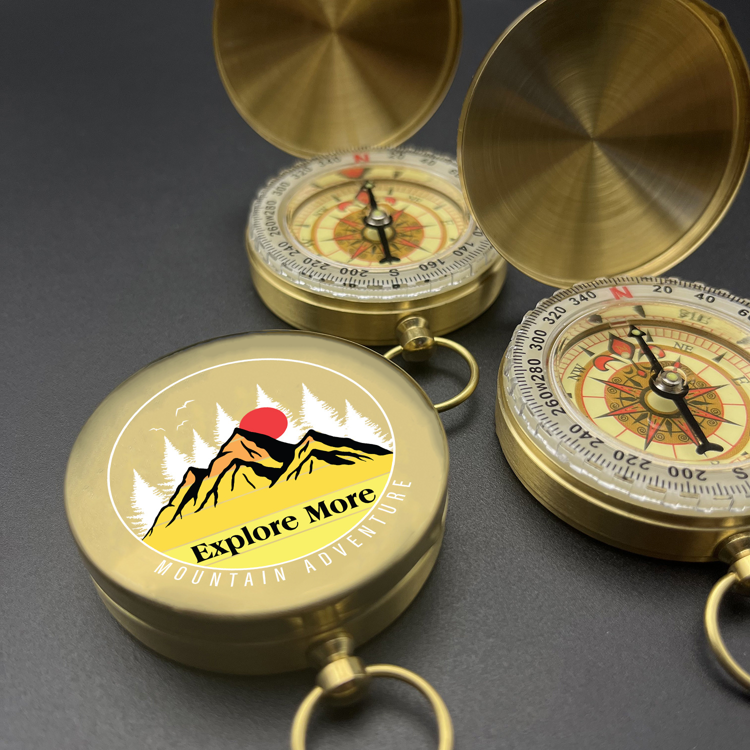Pocket Compass with Mountain Adventure Print