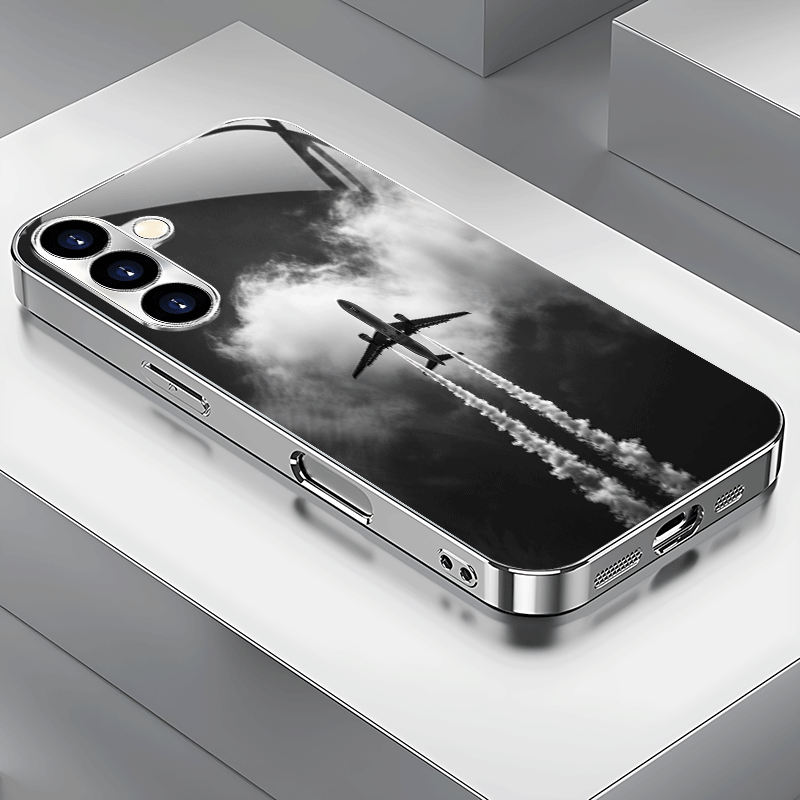 TEMU Phone Case: Premium Sky Airplane Pattern Electroplated Silver Phone Case For Galaxy S25/s24/s23/s22/s21/s20/note