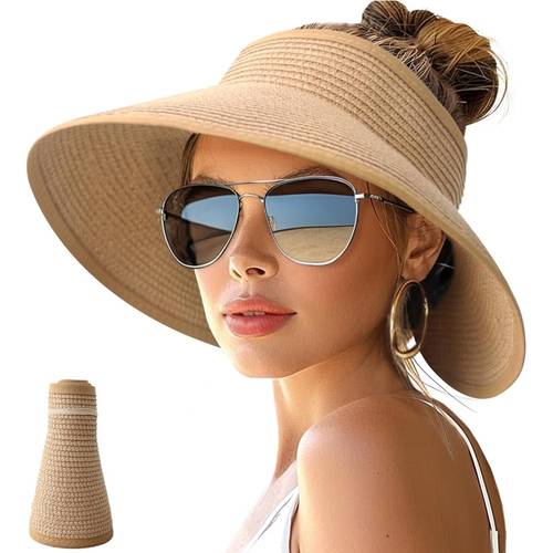 womens sun hat wide brimmed roll up beach hat with ponytail opening foldable packable straw sun visor