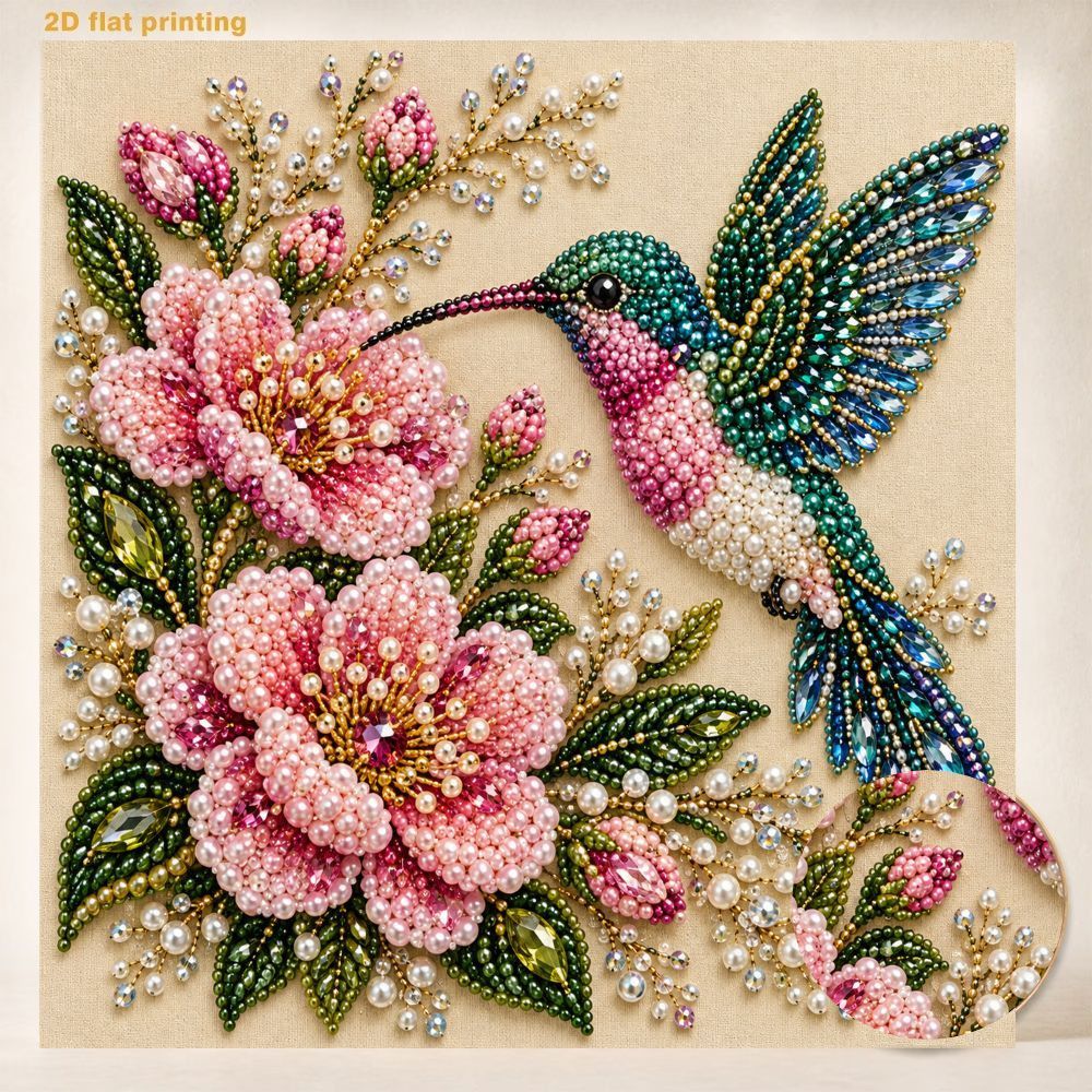 TEMU Diy Hummingbird Floral Pearl Art Painting Kit, Adult Stress-relief Handmade Pearl Painting Set, Complete Shiny Gemstone Bead Material Pack, Home