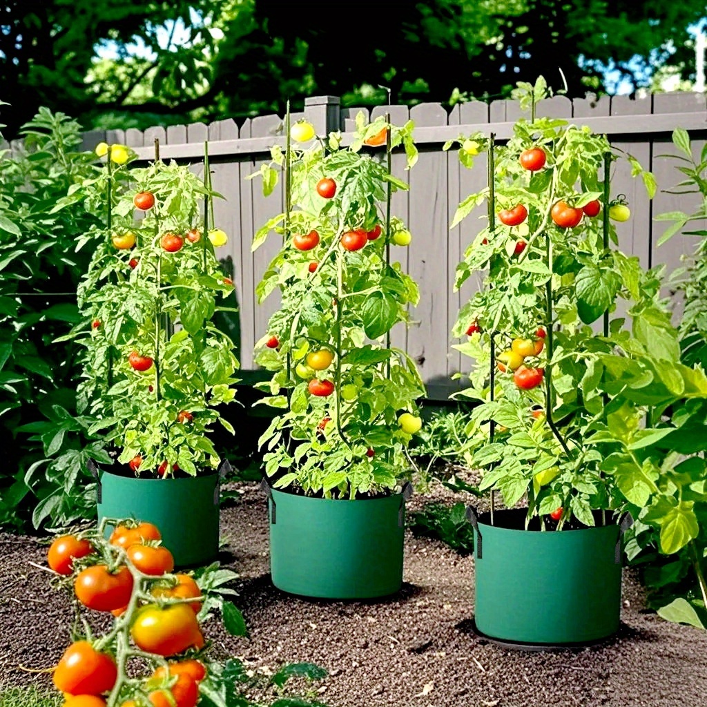 three large capacity heavy duty planting bags with handles portable and lightweight designed for gardening style made of heavy non woven fabric suitable for indoor and outdoor use tear resistant featuring an x shaped stitching design