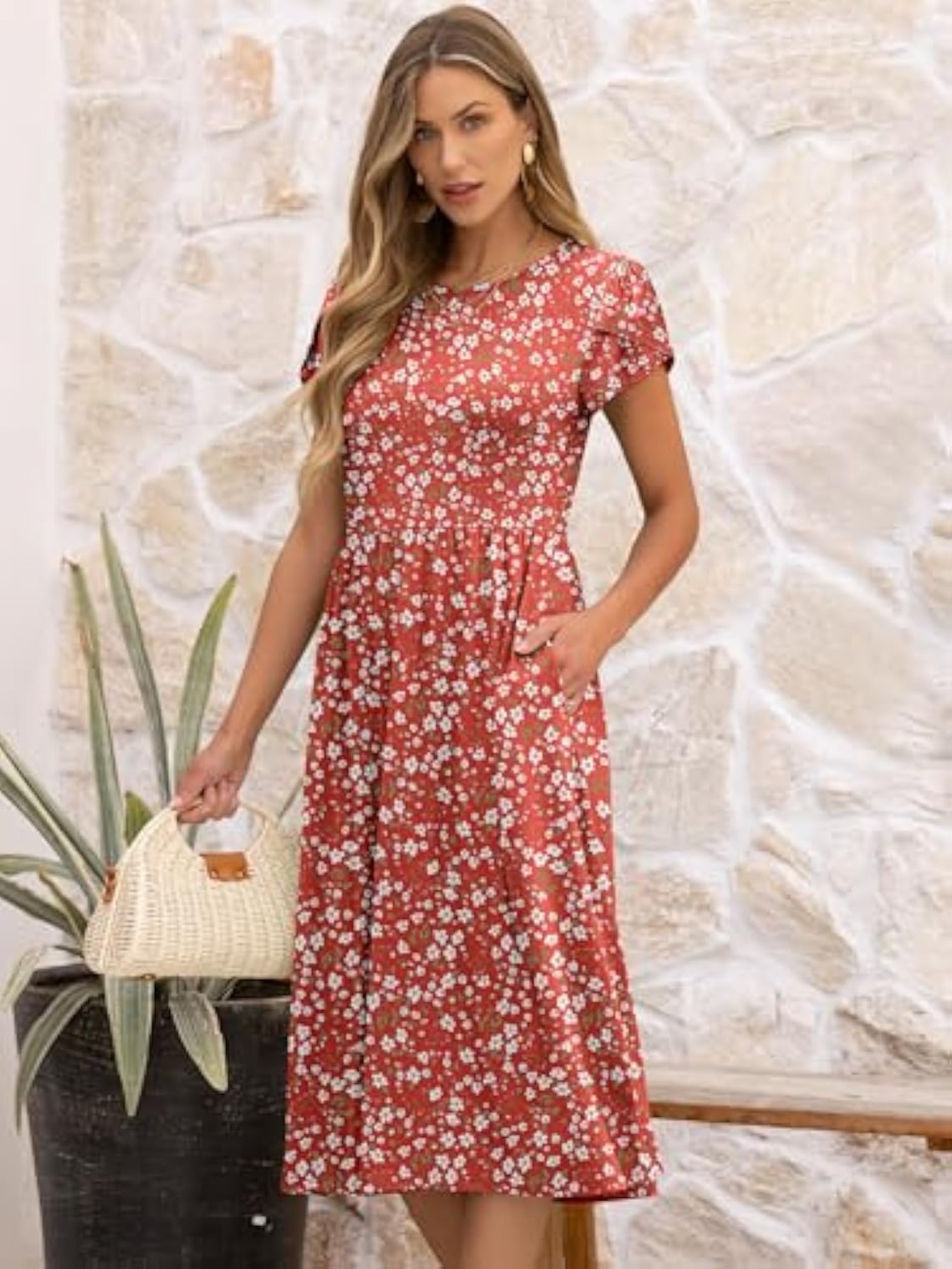 Women'S Floral Print A-Line Midi Dress - Casual Summer Beach Sundress with  Pockets, Short Sleeve, Round Neck, Lightweight Polyester, Red & White * *  Spring/Summer, Summer Casual Dress | Floral Print ...