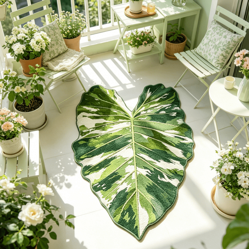 TEMU Style Green White Leaf Bedroom Bedside Plush Irregular Long Strip Carpet Natural Style Realistic Tropical Plant Pattern Living Room Sofa Area