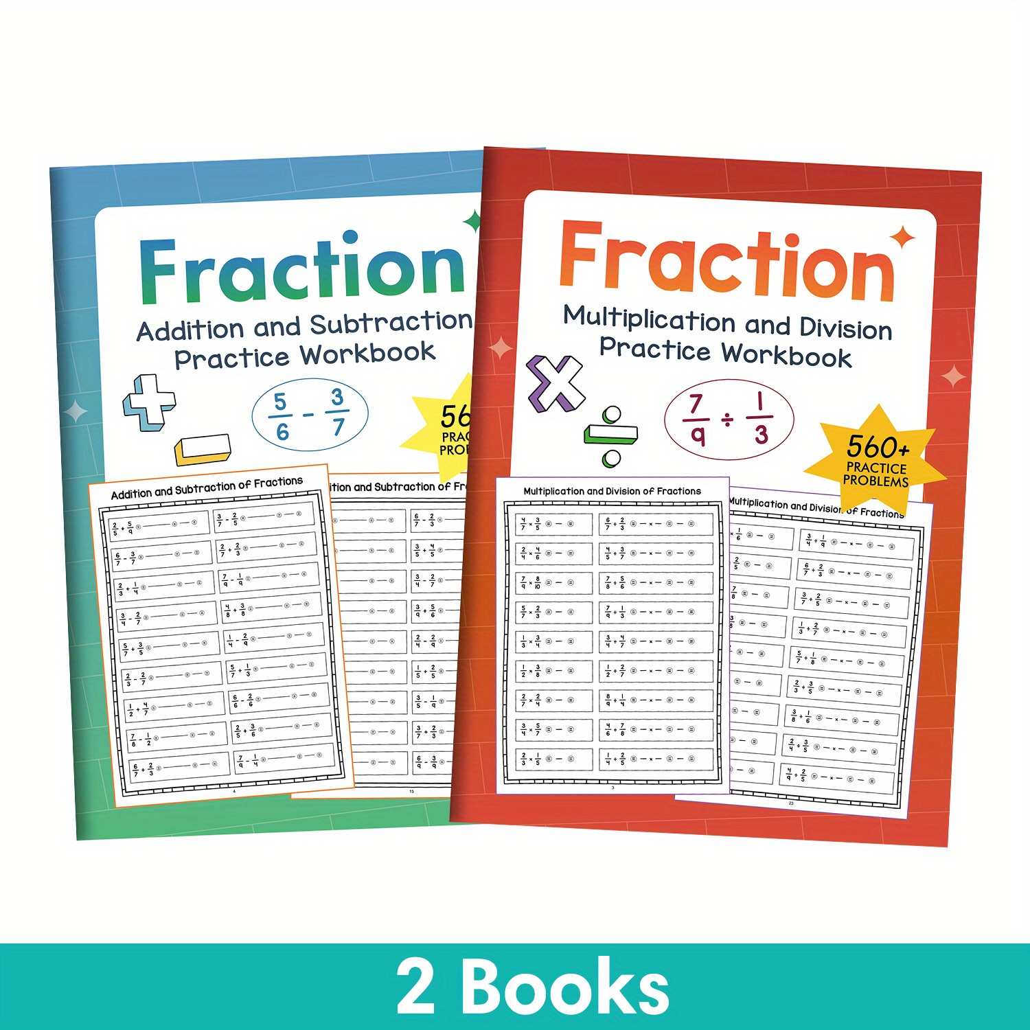 2 Books Fraction Math Workbook Set For Kids: Addition, Subtraction, Multiplication & Division Practice | Essential Fractions Skills Drills, Worksheets, Learning Materials For Classroom