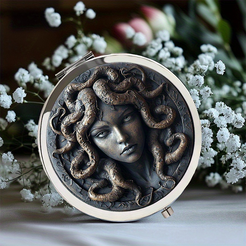 TEMU 2d Flat 1pc Portable Makeup Mirror Handheld Folding Round Mirror Featuring A Stunning Medusa Companion For Travel Selfies Parties And Holiday