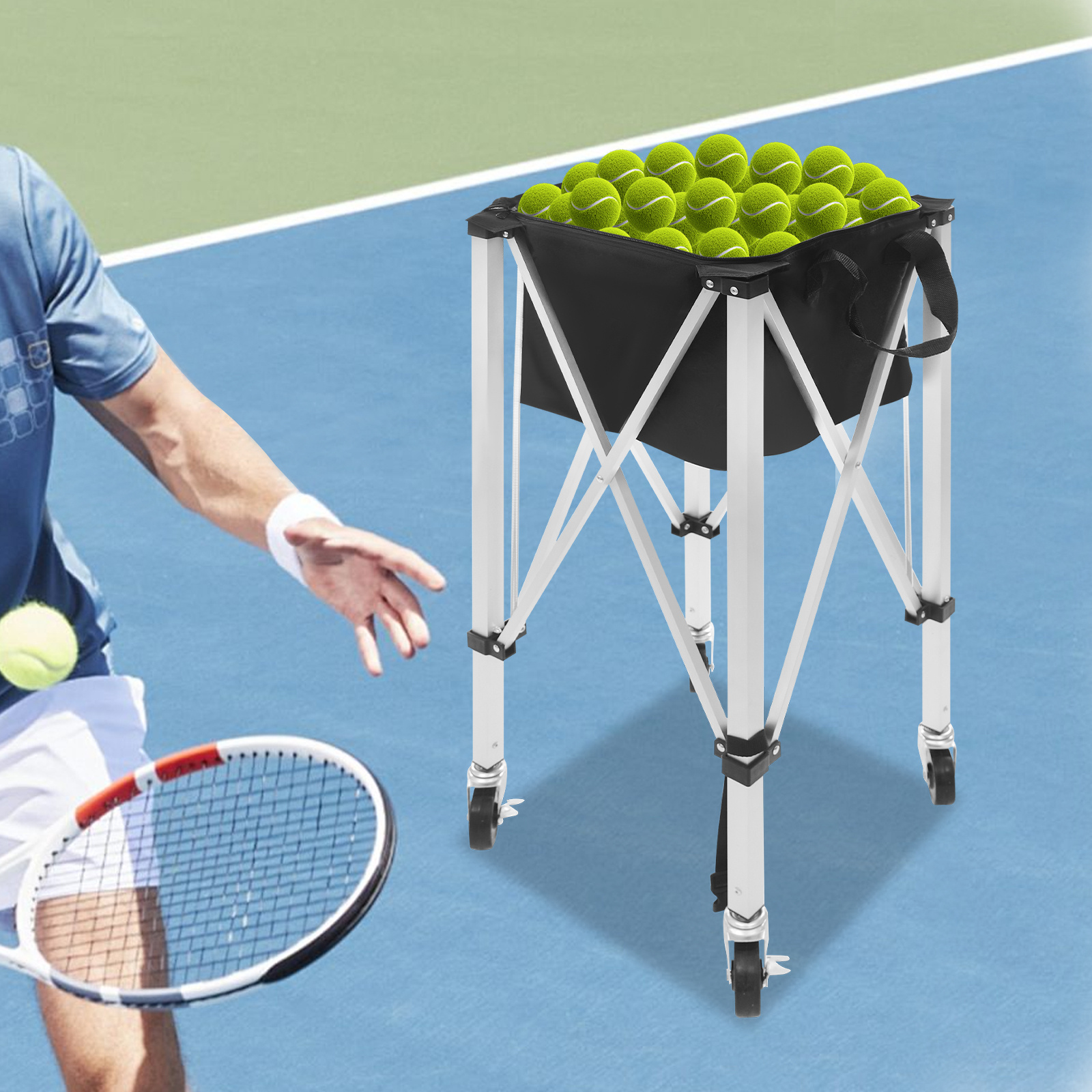 Portable Tennis Balls Hopper, Foldable Tennis Ball Basket, Tennis Ball Carrier With Wheels. Carrying : It Makes It Convenient For You To Carry The Product To Field