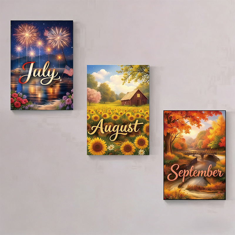 TEMU 3 Sets Diy Diamond Painting July September Seasonal Scenery Triptych Hanging Picture. Aesthetic Illustration Style. Fireworks Night View For