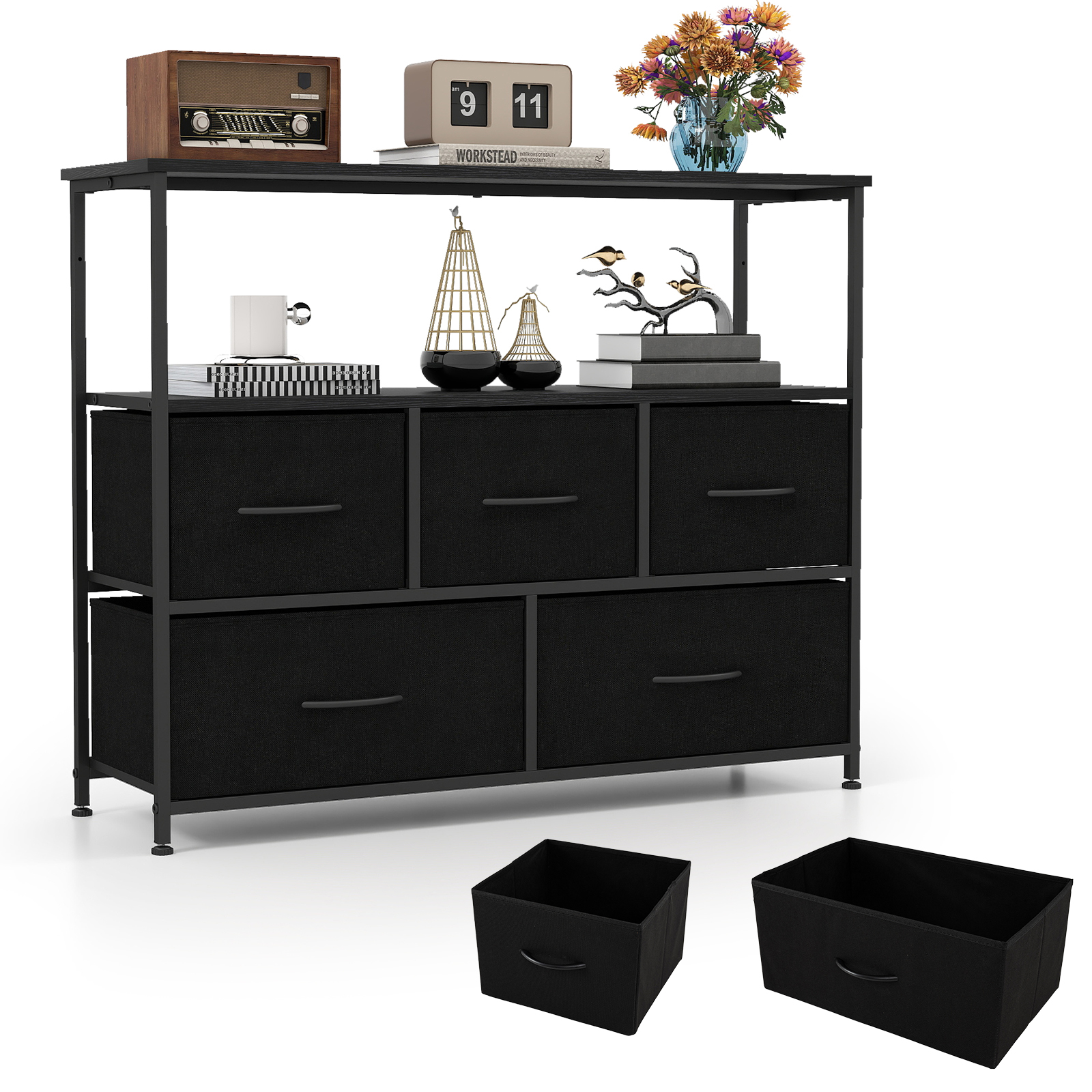 Image of Bedroom Dresser With 5 Drawers, Wide Chest Of Drawers With 2 Wooden Open Shelves And Heavy Duty Metal Frame, Storage Organizer Unit, Storage Dresser For Entryway, Living Room And Closet, Black