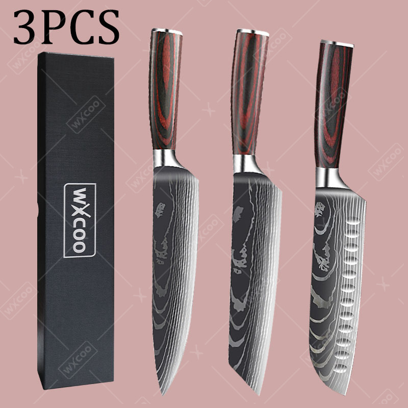 TEMU 3pcs 's Knife Set - Stainless Steel, Damascus Pattern, Ergonomic Wooden Handles For Cutting &