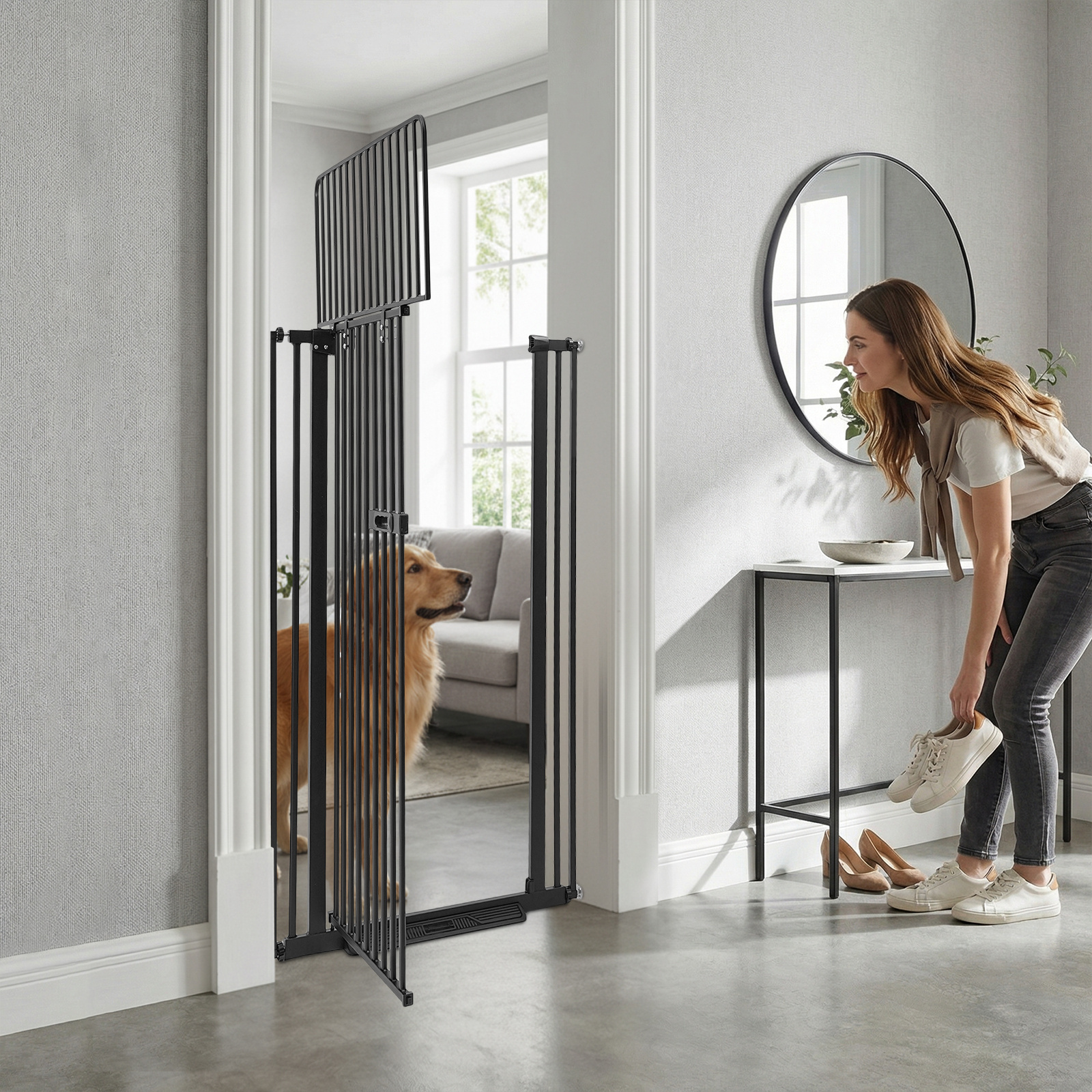 Image of 135cm High Black Expandable Pet Safety Gate, Extra Tall Retractable Barrier For House Stair Entrance