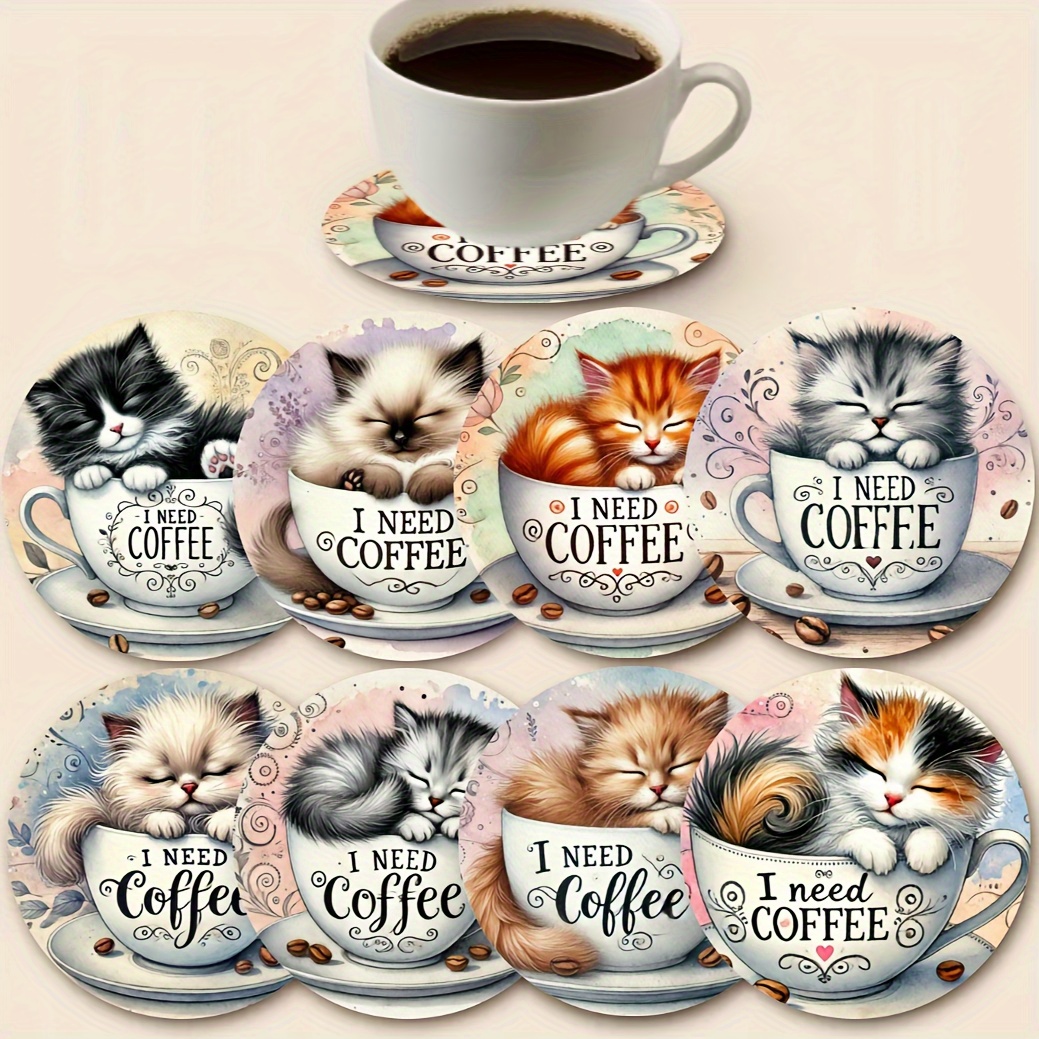 Set Of Cat Wooden Coasters, Heat-resistant And Non-slip Table Mats, Measuring 10x10 Cm / 3.94x3.94 Inches, Ideal Gift For Christmas Or Thanksgiving