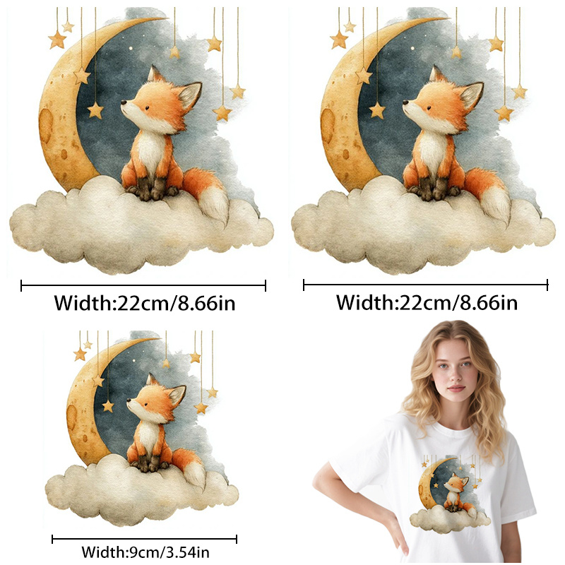 TEMU 3pcs Cute Fox With Moon And Stars High-definition Heat Transfer Stickers, Diy Iron-on Patches, Suitable For Backpacks/pillows/pants/sofa Covers,