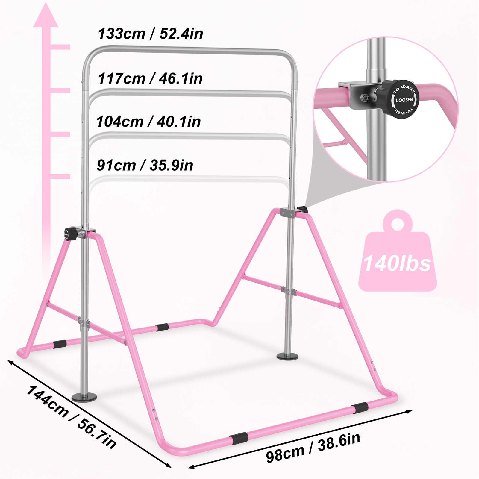 Foldable Horizontal Bar, Height-adjustable Gymnastics Bar, Children's Indoor Gymnastics Bars, Gymnastics Equipment For Indoor Gym, Garden, Max. Load 140 Lbs With Pull Ring