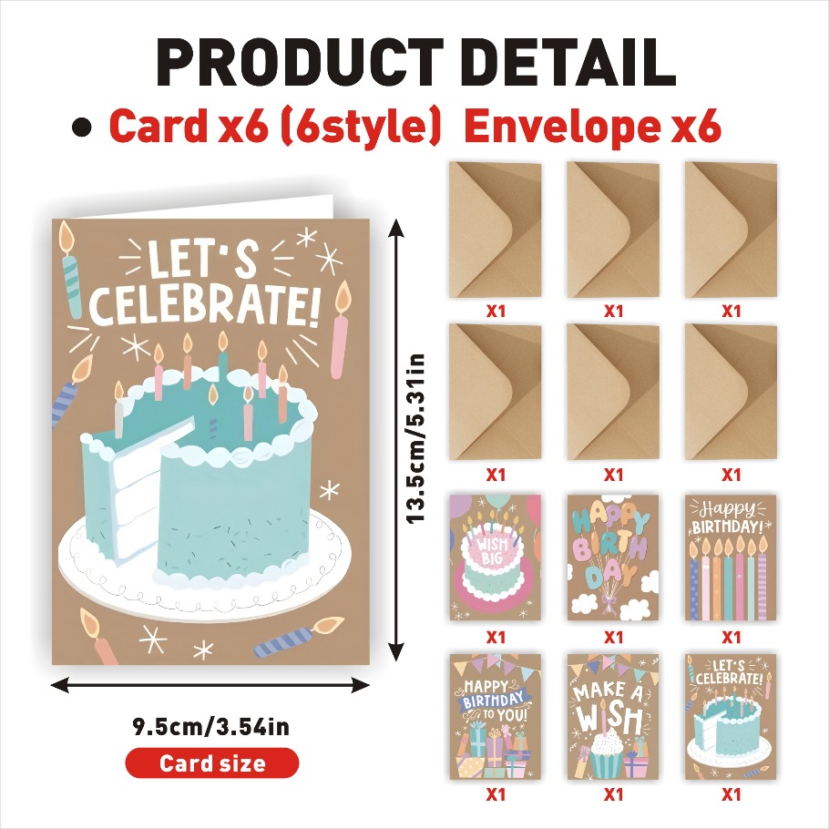 TEMU 12pcs Set (includes 6 Greeting Cards + 6 Envelopes) - Fun Birthday Cards With Envelopes, 6 Unique Text Designs, , Suitable As Greeting Cards For