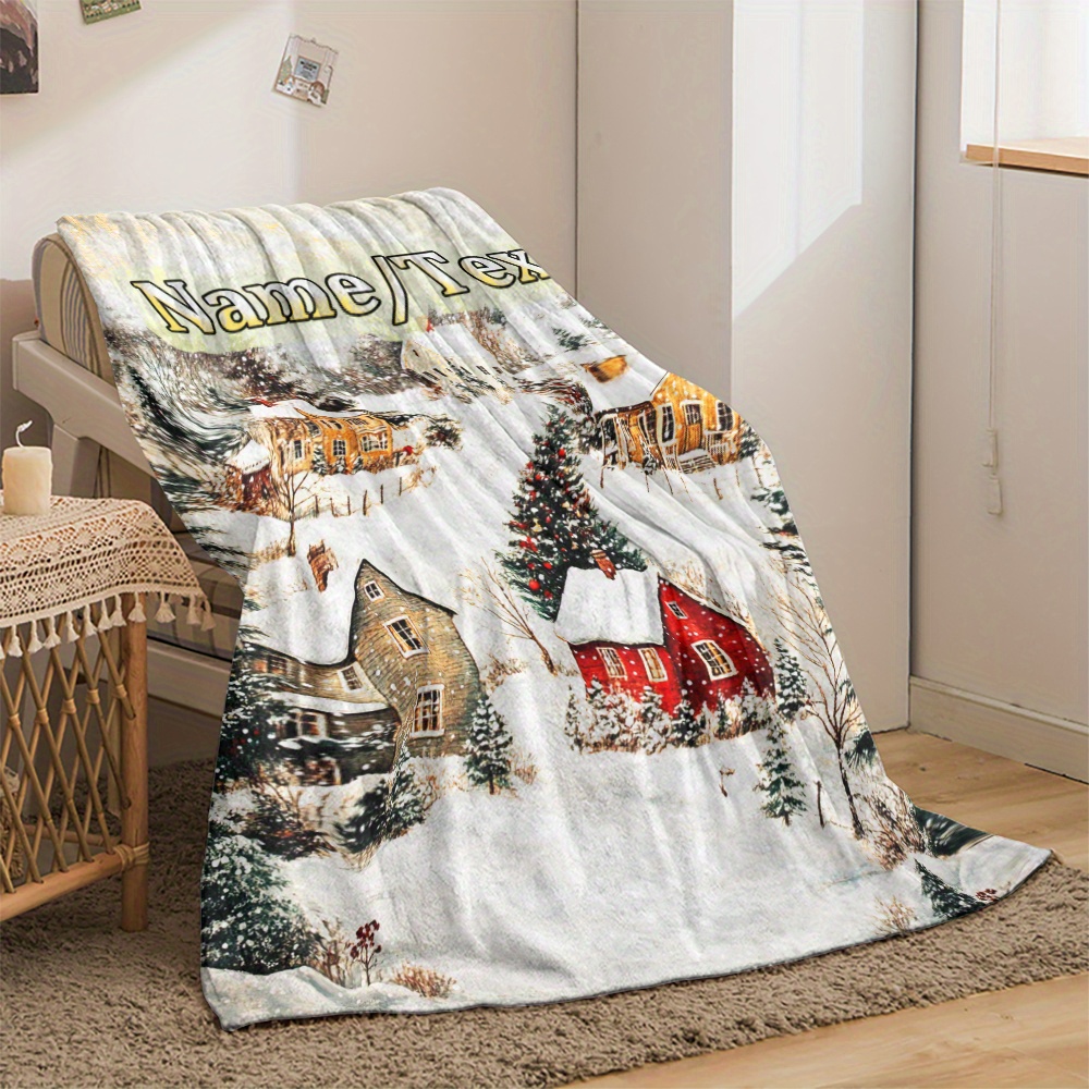 customizable 1pc winter scene fleece blanket cozy flannel throw for sofa bed travel living room office couch chair and bed digital printing polyester fabric soft and warm perfect gift for   details 2