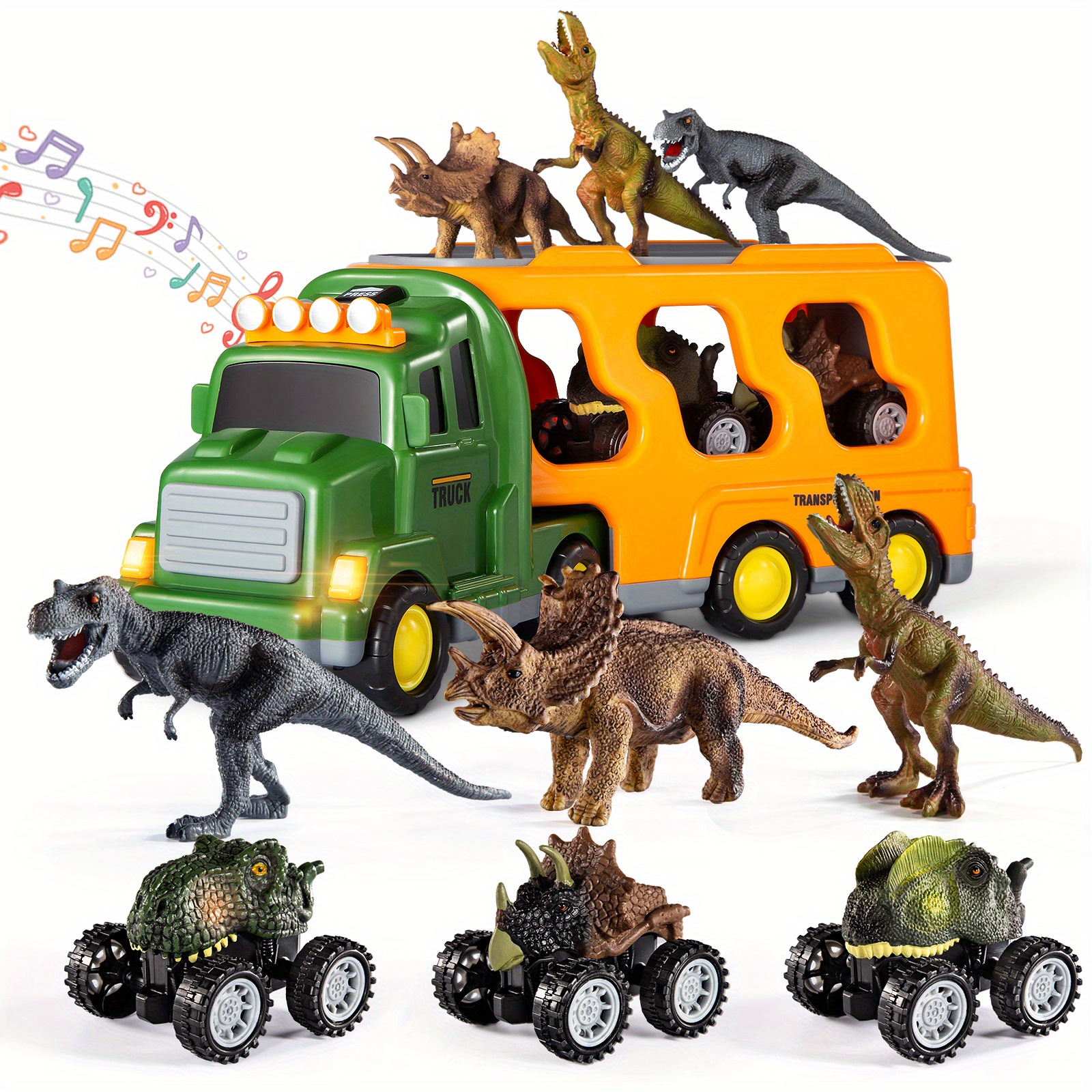 TEMU Camion de Transport Dinosaure 7 en 1 pour Enfants, Camions Dino avec 3 Figurines et à Lumière & Son, 3 Voitures Jouets dans un Porte-Voiture