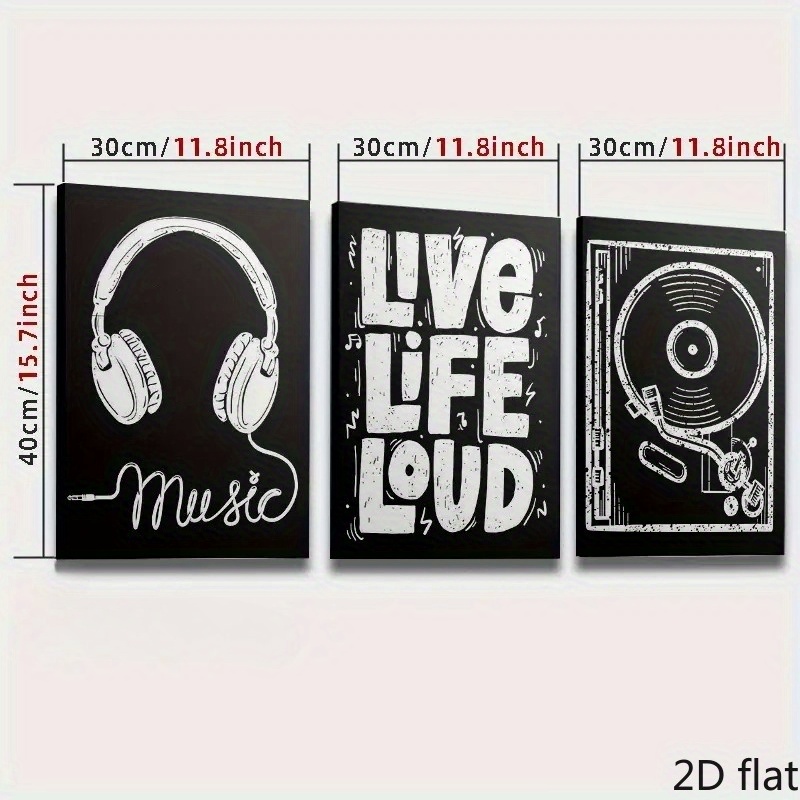 TEMU 2d Flat, 2d Flat, 2d Flat A Set Of 3pcs 2d Flat Canvas Art Prints, Featuring Hip-hop 90s Black And White Music Posters, Retro Color Block