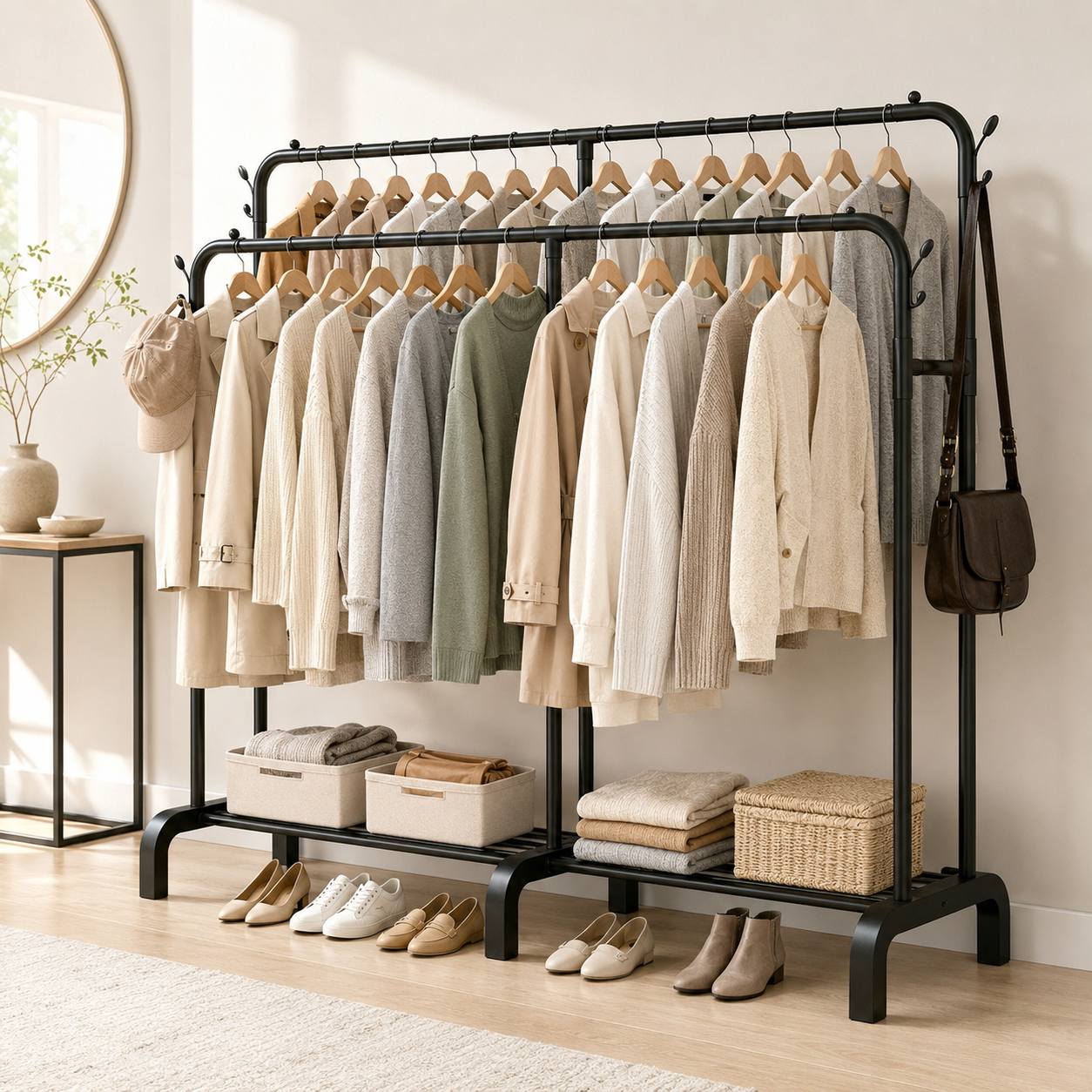 TEMU Freestanding Metal Coat Rack, With Bottom Storage Shelf And Side Hooks For Hanging Bags. Suitable For Hanging And Storing Clothes In Bedroom,