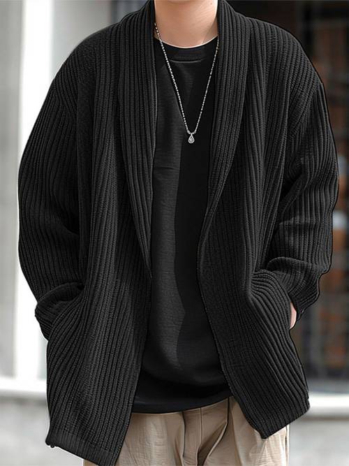 mens solid corduroy kimono cardigan with a shawl collar long sleeves casual outdoor wear in autumn and winter