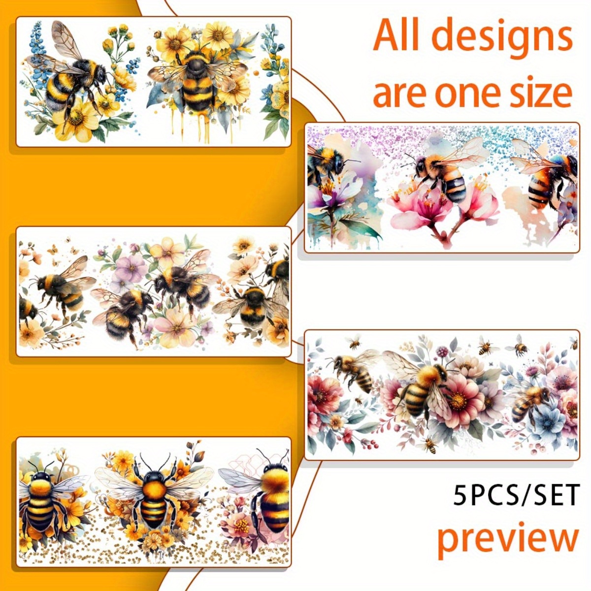 TEMU 5pcs/ Set Floral Bee 16oz Glass Jar Sticker Uv Dtf High Self-adhesive Decorative Paper Is Suitable For Decorating Cups And Bottles