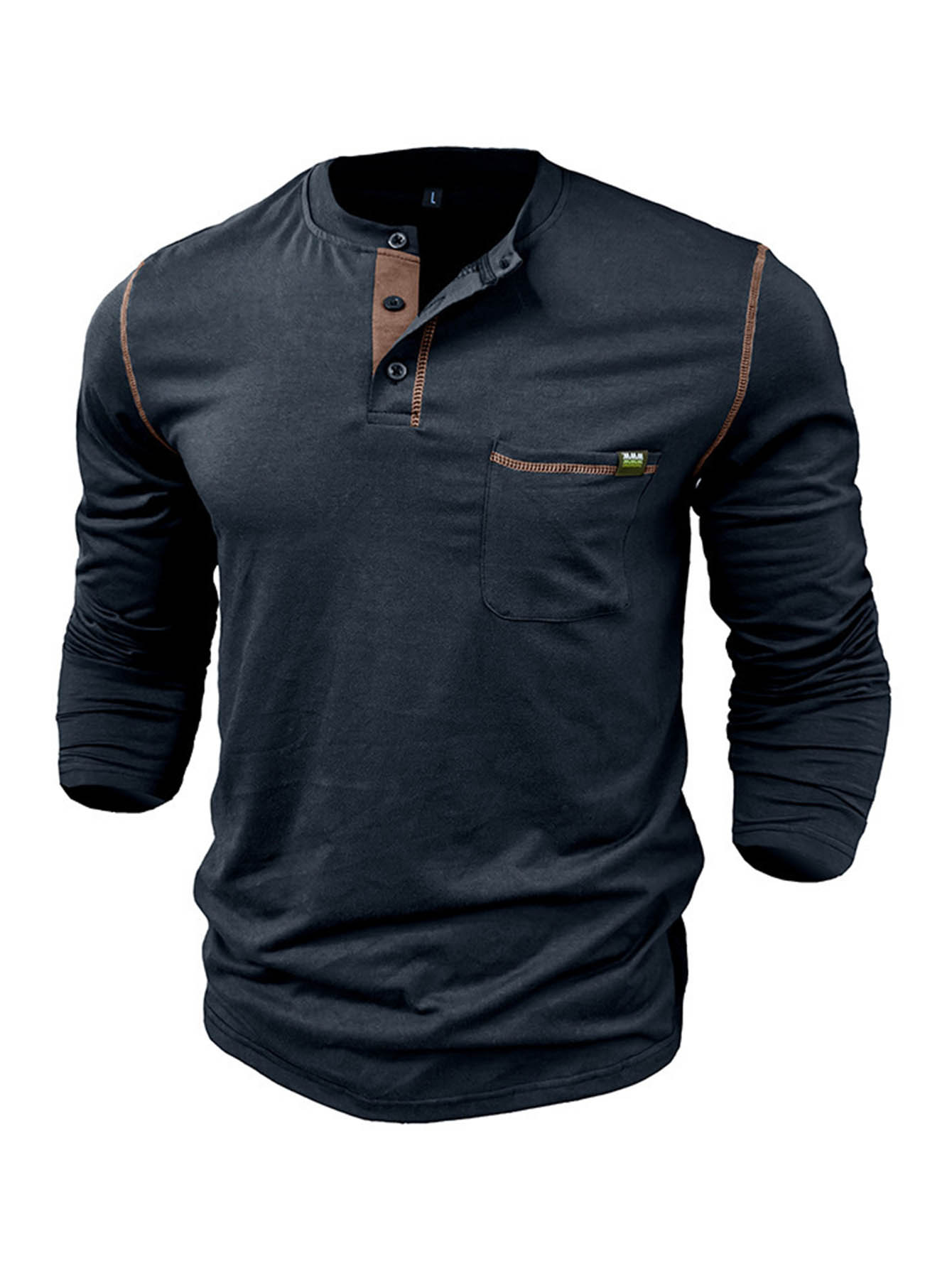mens stylish henley shirt classic long sleeved lightweight button cotton t shirt casual top shoulder stitching design and contrasting buttons       chest pocket brand label highlights   quality   enhance   of   royal blue 1