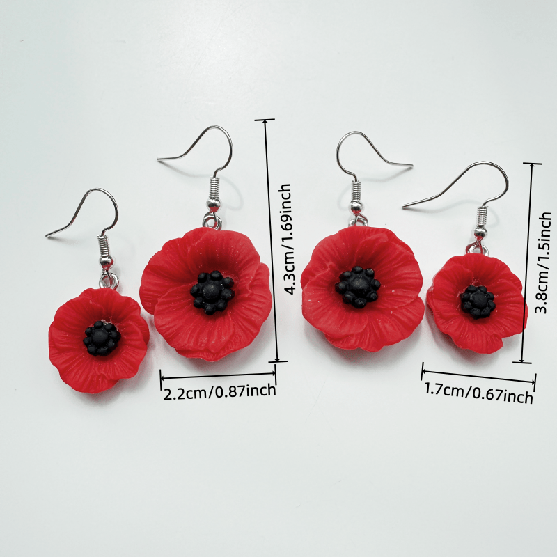TEMU 4pcs Of Of Vintage Classic And Elegant Red Poppy Flower Pendant Earrings, 1 Large And 1 Small, Made Of Resin Material. Classic Yet Minimalistic