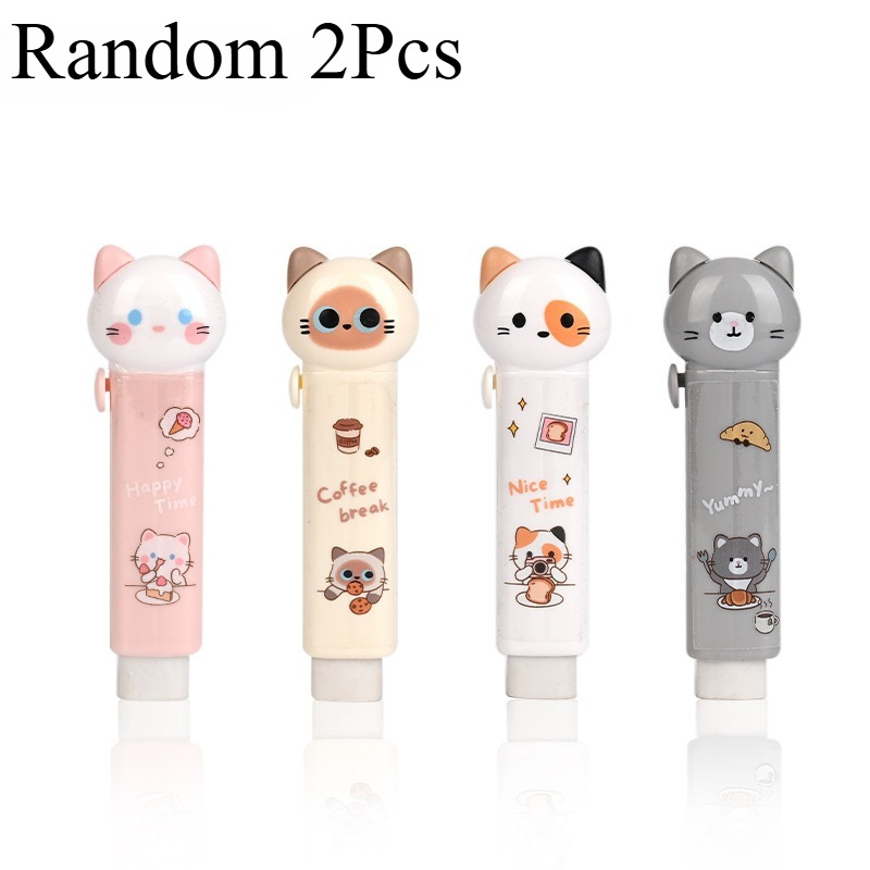 Random 2pcs Retractable Cartoon Cat Print Rubber Erasers, White Rubber Material, No Residue, , Ideal For Writing And Drawing, School Supply