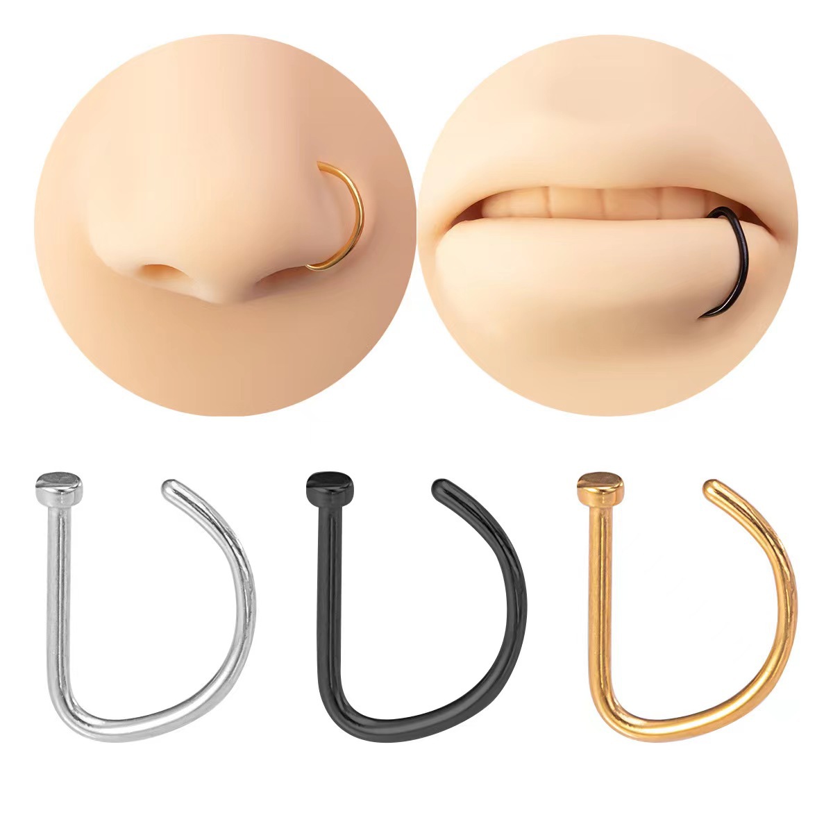 3pcs Geometric Shape Punk Nose Rings Set, Stainless Steel