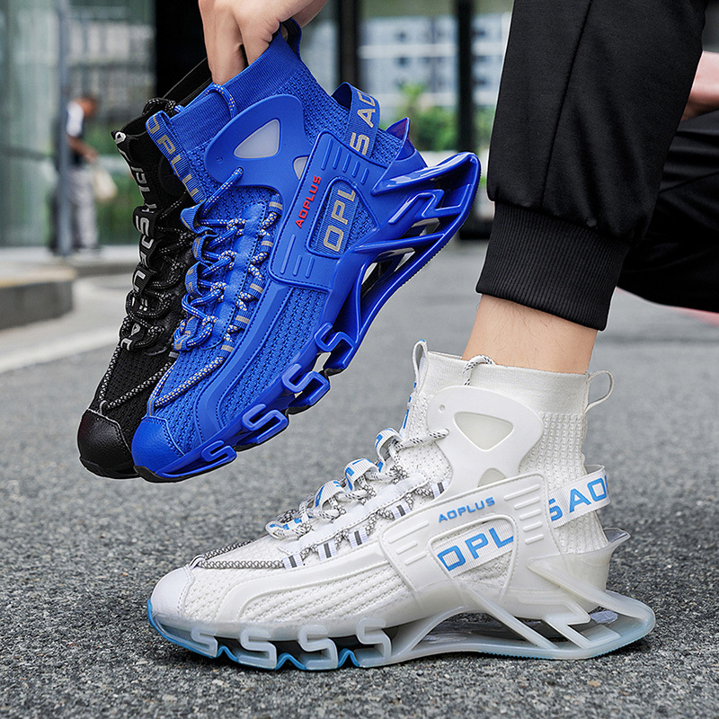 artikel foto heren high-top casual sportschoenen, ademende bovenwerk, zachte huidvriendelijke voering, bladvormige buitenzool, 3 kleuren beschikbaar, trendy mecha  , geschikt voor dagelijks woon-werkverkeer buiten, casual hardlopen, basketbal training competitie