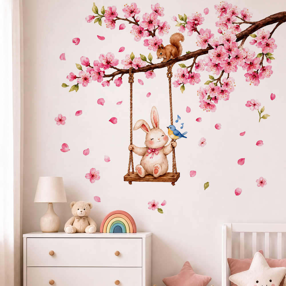TEMU 30 X 60Cm - 1pc Autocollant Mural Coussin de Balançoire Lapin Branche de Aquarelle, Motif Écureuil Oiseau Pétale Tombant, Auto-Adhésif Amovible,