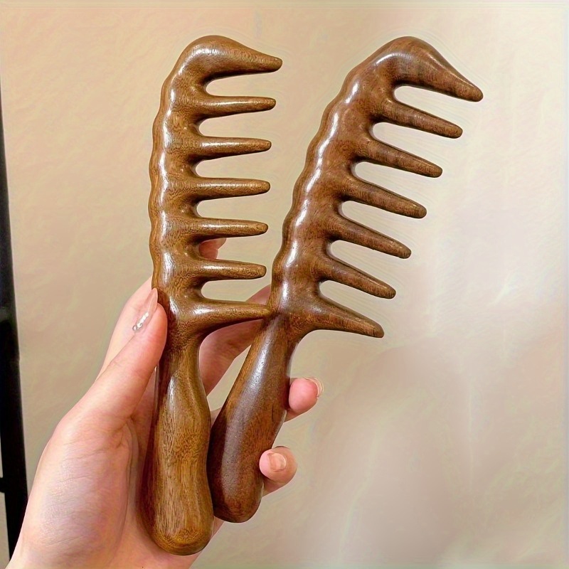 TEMU 2pcs Sandalwood Wide-tooth Comb - Gentle Detangling Scalp Massage Hair Brush, Suitable For Curly And Hair, Durable Wooden Bristles, Wide Tooth