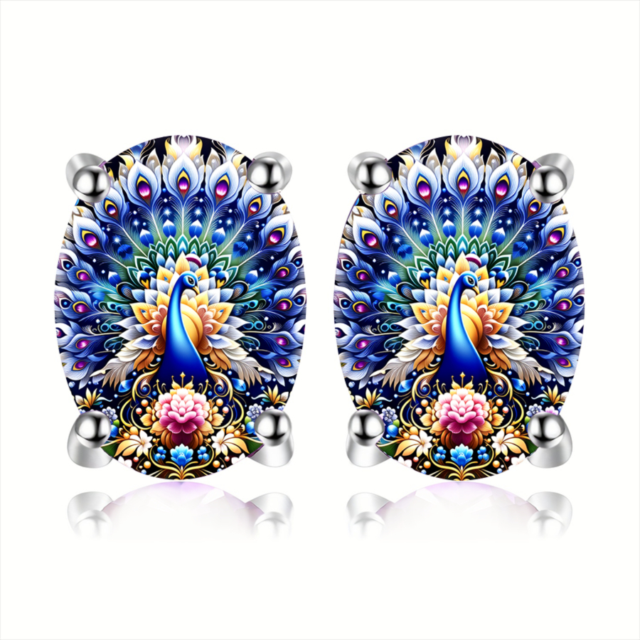 TEMU 2pcs Peacock Earrings | Elegant And Luxurious Floral And With Glass Mosaic, Alloy Posts, Ideal For Daily Wear And Gift- Occasions