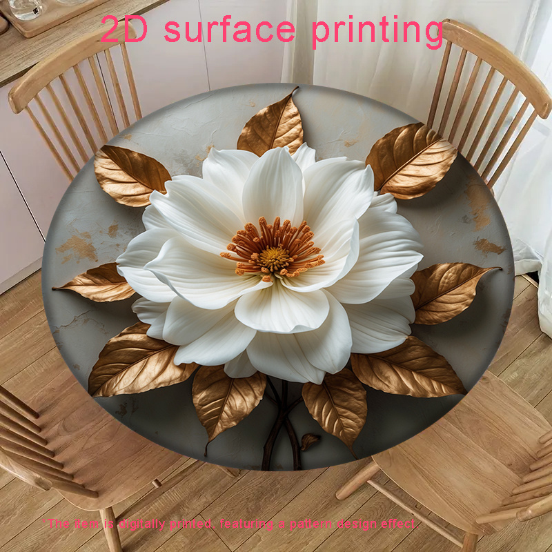TEMU 1pc 2d Flat Printing Stretch Round Tablecloth With Large White Flower And Print, Suitable For Round Dining Tables, Polyester Material, For