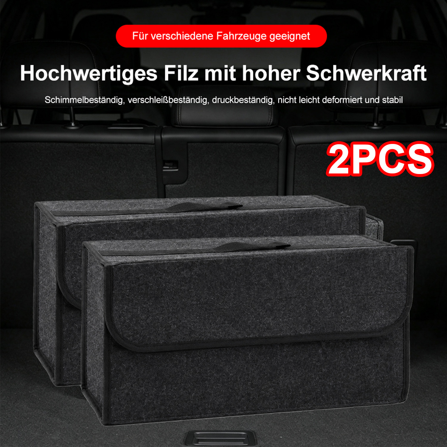 Image of 2pcs Durable Foldable Car Trunk Organizer - Multifunctional Felt Storage Box For Daily Use, Space-saving Vehicle Storage Bin With Shipping