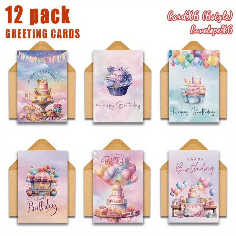 E-shop 12 moderne, farbenfrohe Geburtstagskarten mit Kuchen-Motiv und rosa Ballon-Text, perfekte Geschenke für Familie, Freunde und Kollegen