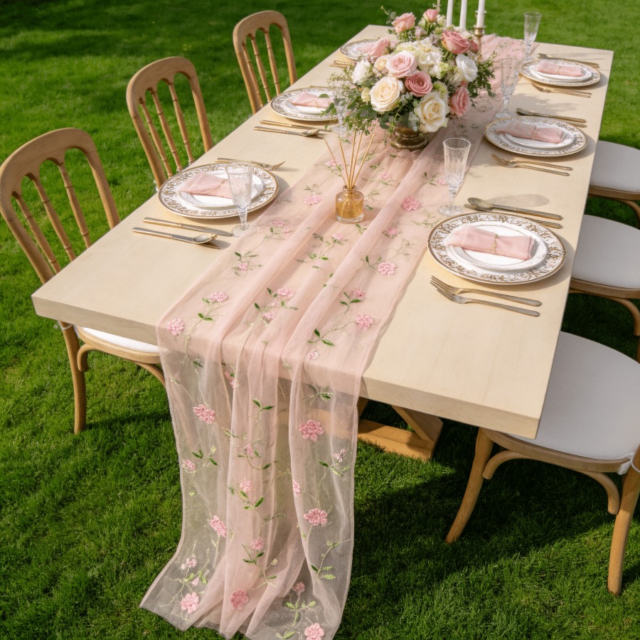 TEMU 1pc Light Floral Embroidery Tulle Table Runner, Material, Exquisite , Trimmable For Wedding Car, Chair Back, Table Edge Decoration, Suitable For